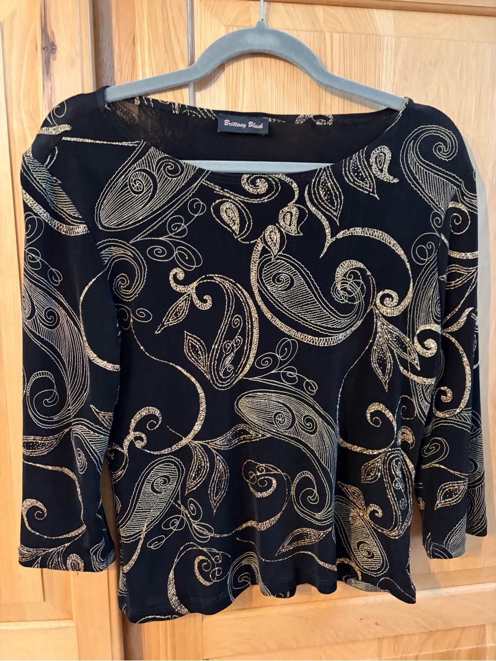Brittany Black Black Top with Gold Swirl Design